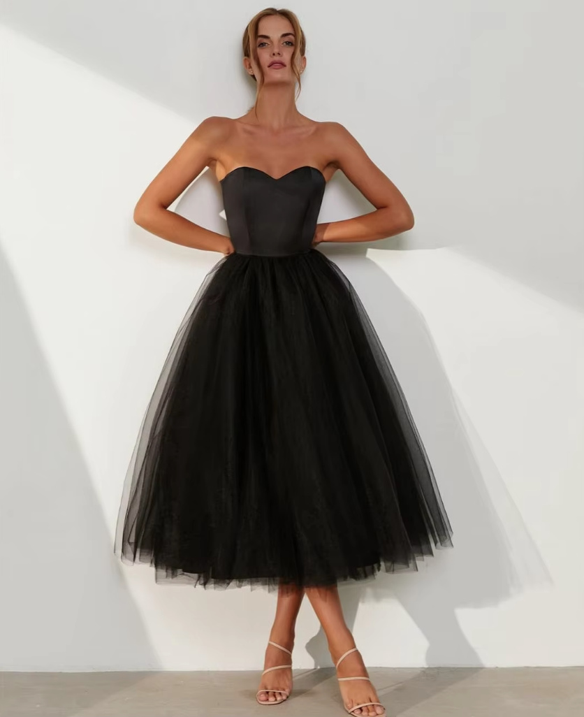 Schulterfreies A Linie Vintage Style Kleid für Hochzeitsgäste Carola Wadenlang mit Tüll Rock&nbsp;Schwarz