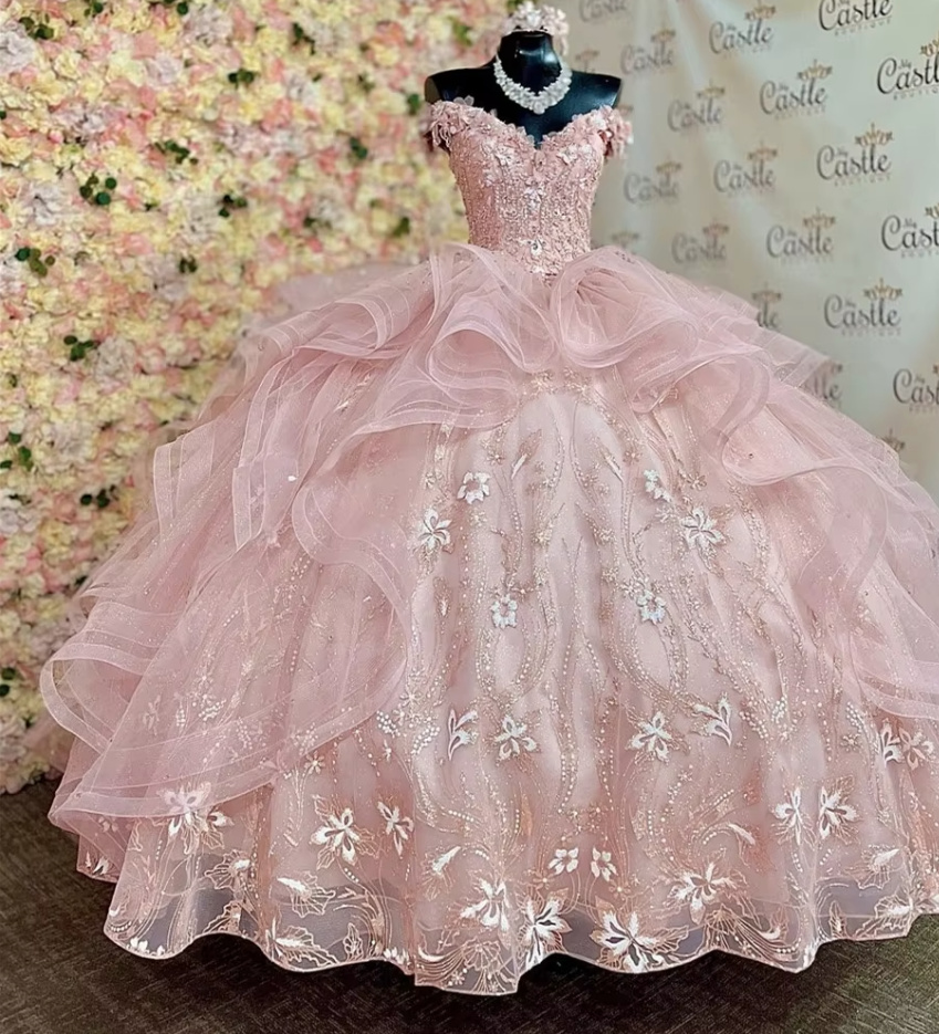 Schulterfreies Ball Linie Brautkleid Carole in Rosa mit Tüll Pailletten und&nbsp;Blumen