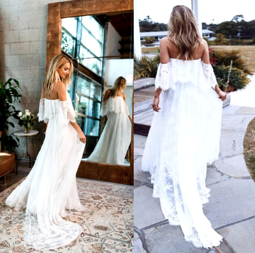 Schulterfreies Boho Brautkleid Dagny aus Spitze mit&nbsp;Schleppe