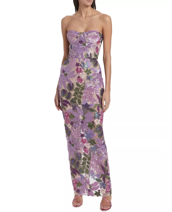 Schulterfreies I Linie Abendkleid in Flieder mit&nbsp;Blumenmuster