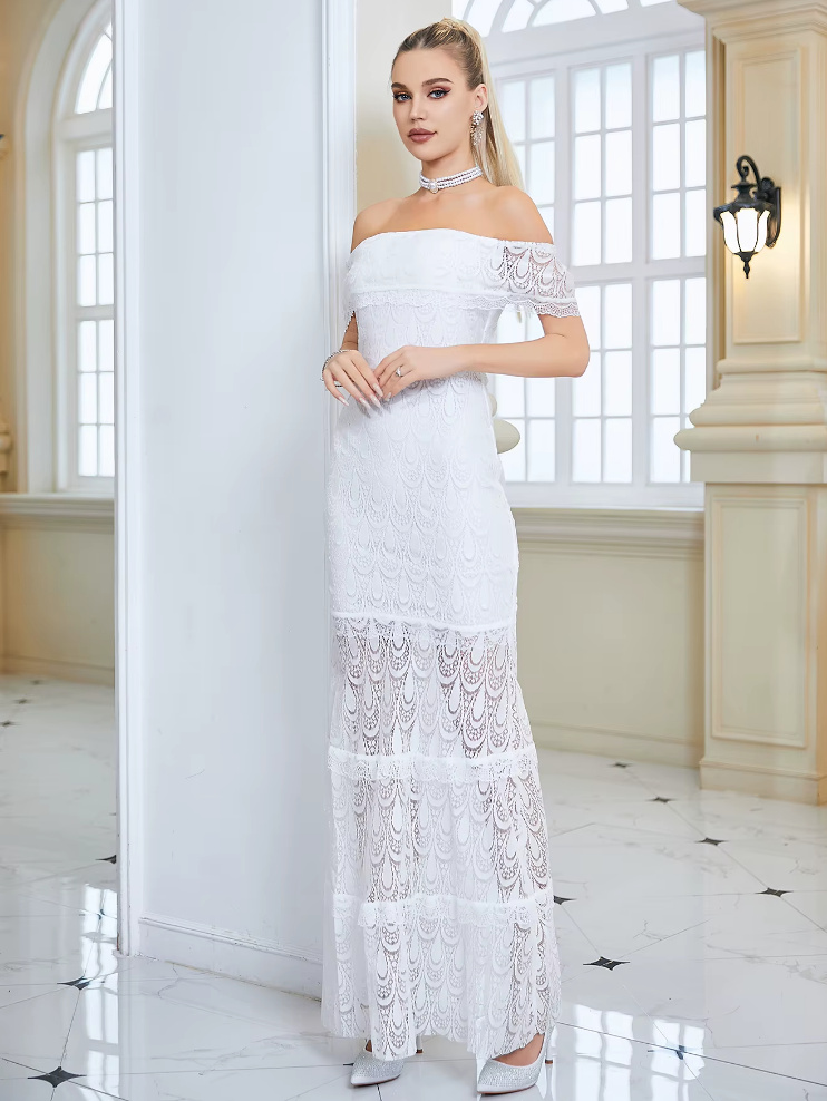 Schulterfreies I Linie Standesamtkleid aus Spitze&nbsp;Lang