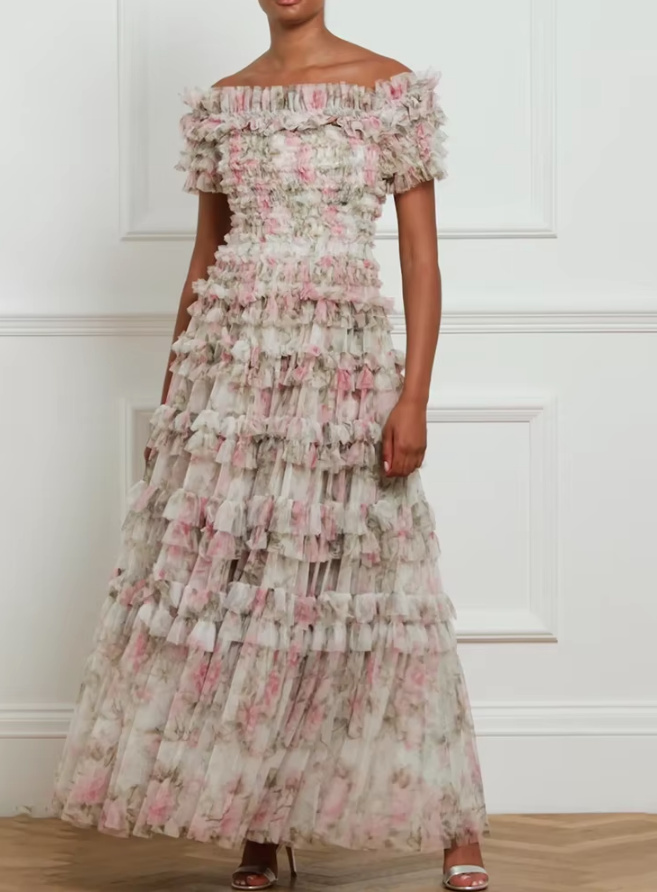 Schulterfreies Maxi Patchwork Boho Kleid Elegant mit Rüschen und&nbsp;Blumenmuster