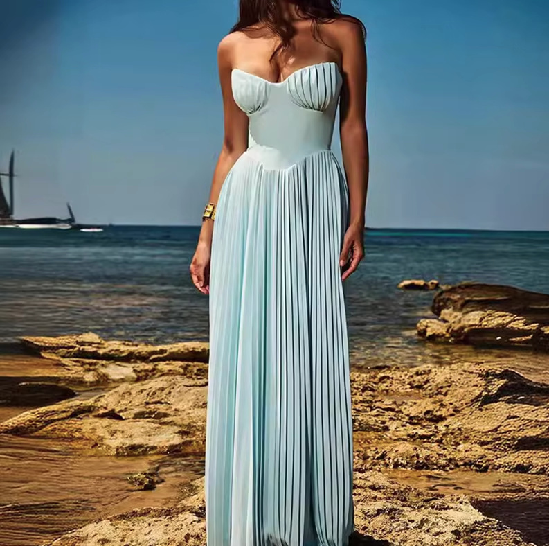 Schulterfreies Plissee Maxi Kleid Elegant in Hellblau&nbsp;Gästemode