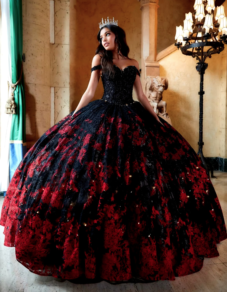 Schulterfreies Schwarz Rotes Ballkleid Cleo mit Blumenmuster und perlen Pailletten&nbsp;Stickereien
