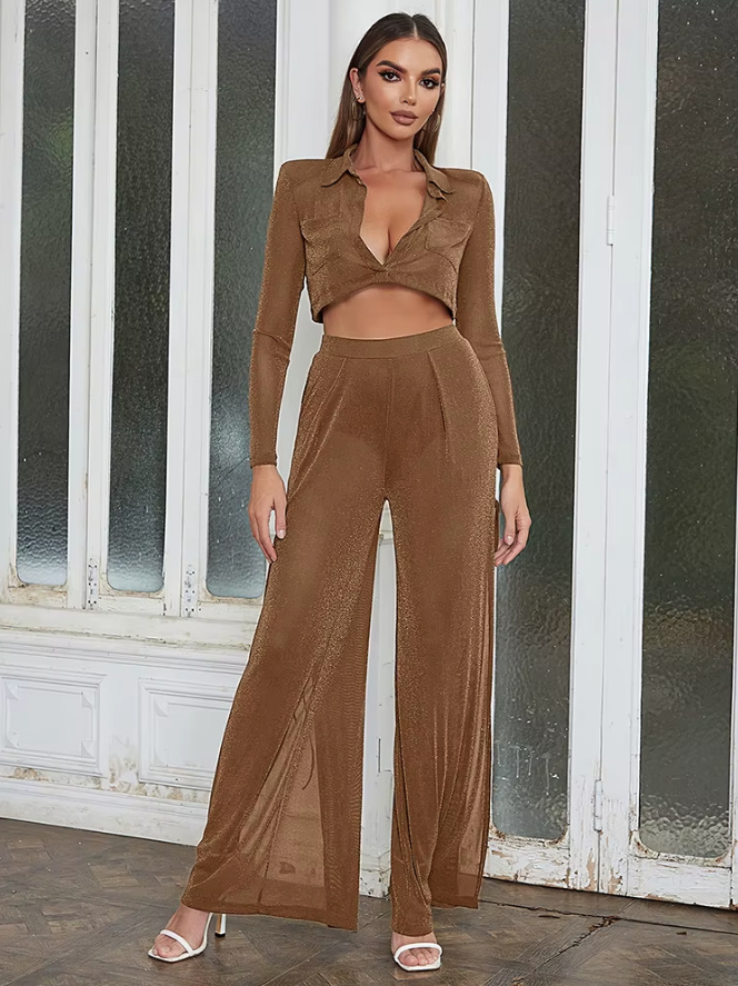 Sexy Damen Glitzer Zweiteiler in Braun Elegant und&nbsp;Festlich