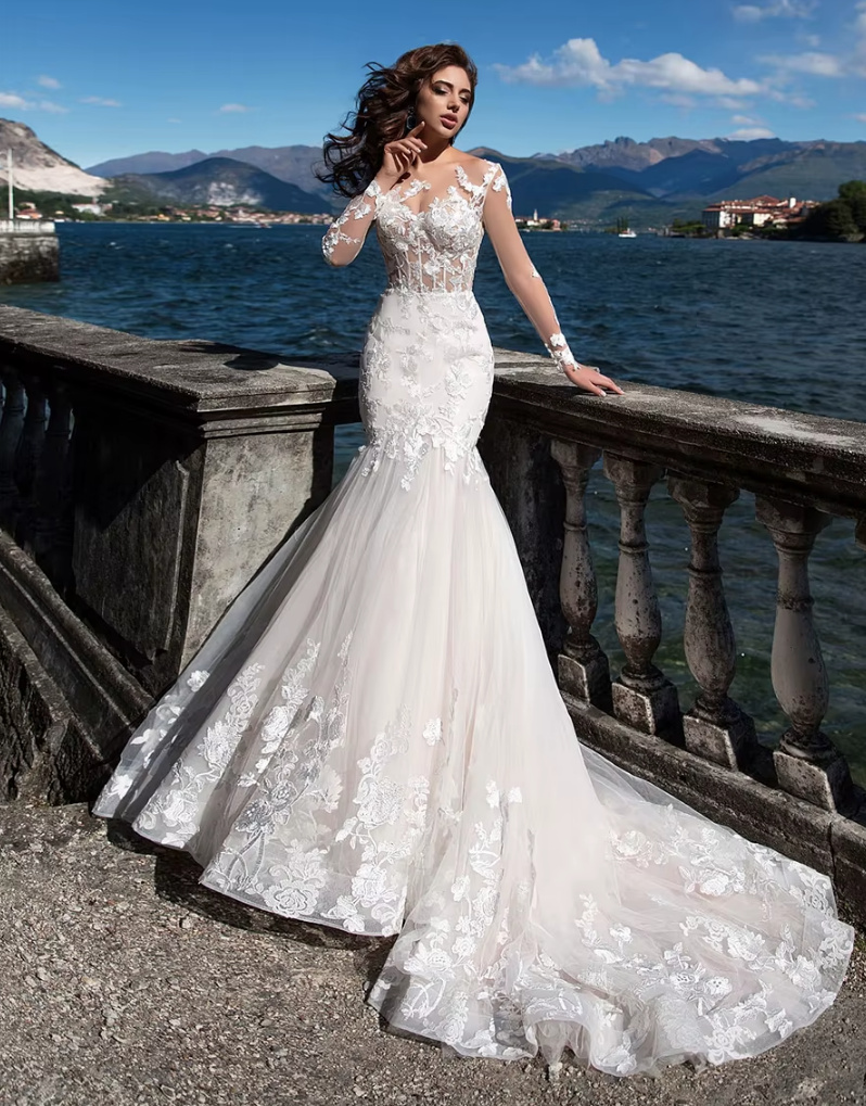 Sexy Mieder Meerjungfrau Brautkleid Diandra mit Ärmel und&nbsp;Blumenspitze