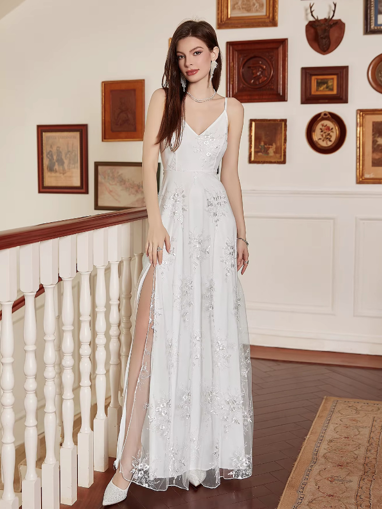 Spaghettiträger A Linie Standesamtkleid Lang mit Blumen&nbsp;Stickereien