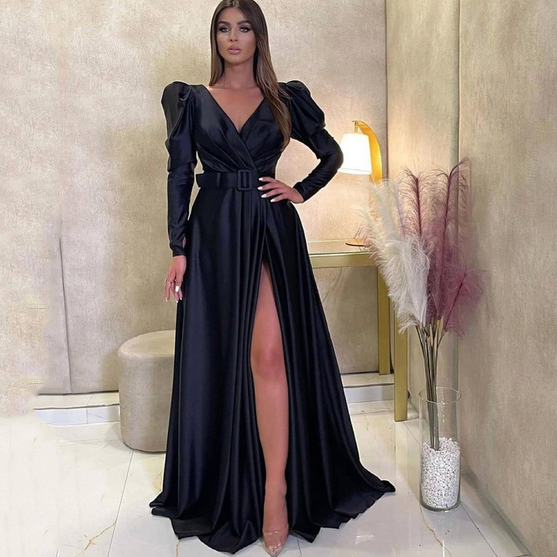 A Linie Cut Out Langarm Kleid Elegant für Hochzeitsgäste in&nbsp;Schwarz