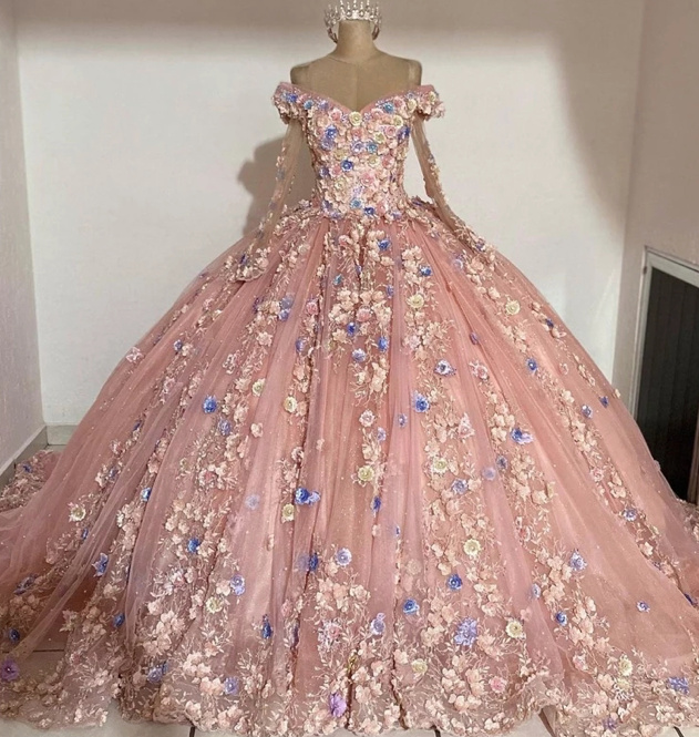 Ball Linie Brautkleid Eyvette in Champagne mit Schleppe und Blumen&nbsp;Klassisch