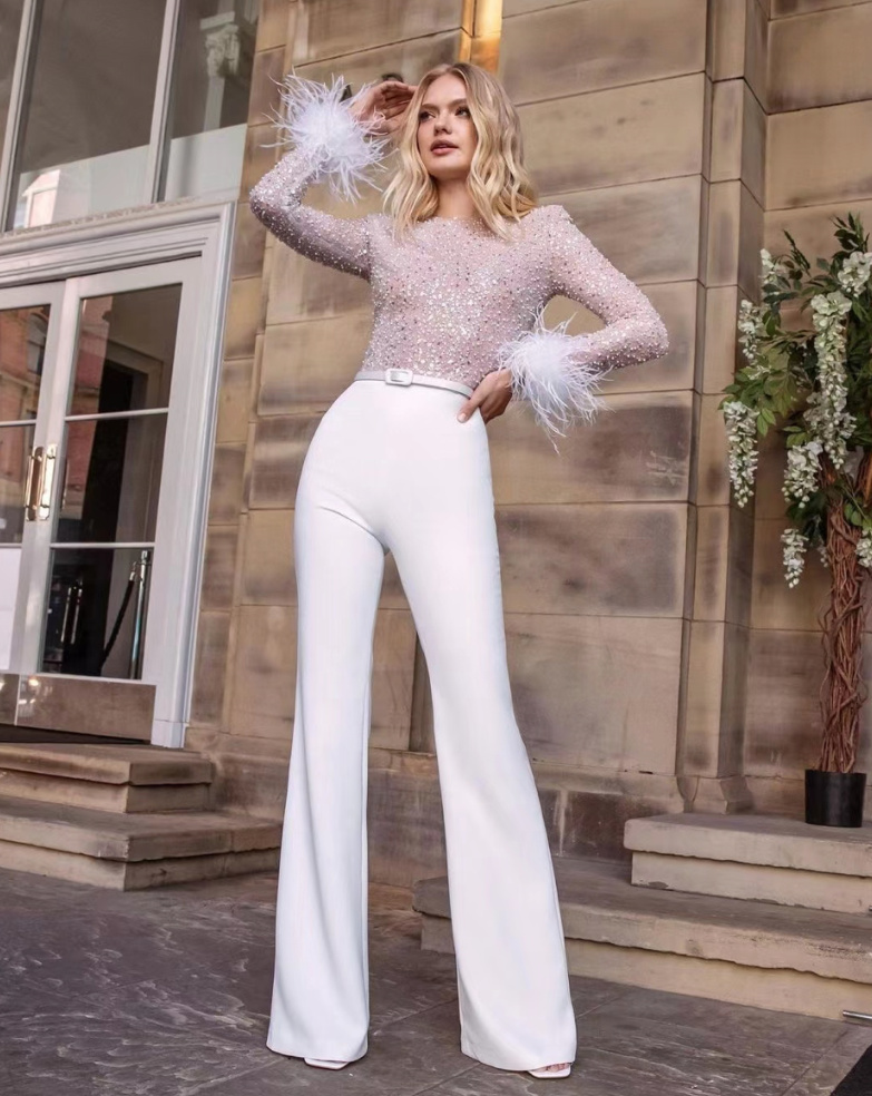 Langarm Glitzer Braut Overall Jumpsuit Elisabetta mit Perlen Pailletten&nbsp;Federn