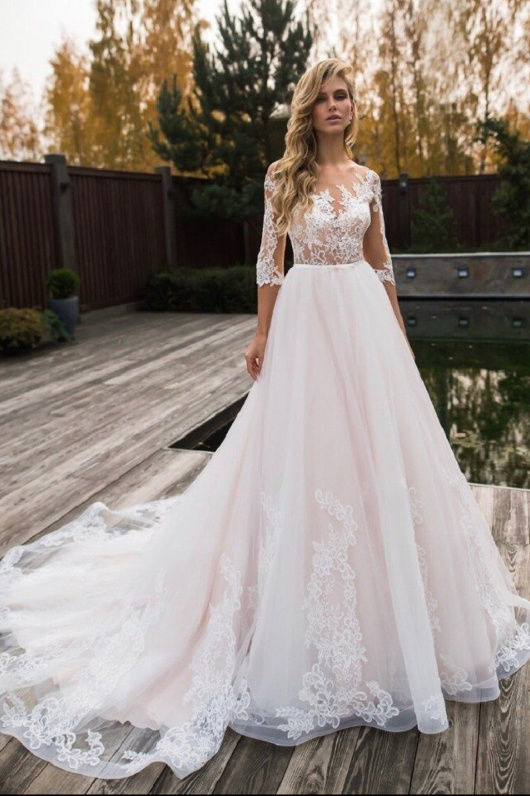 A Linie Drei Viertel Ärmel Brautkleid Annabel mit Spitze und&nbsp;Schleppe