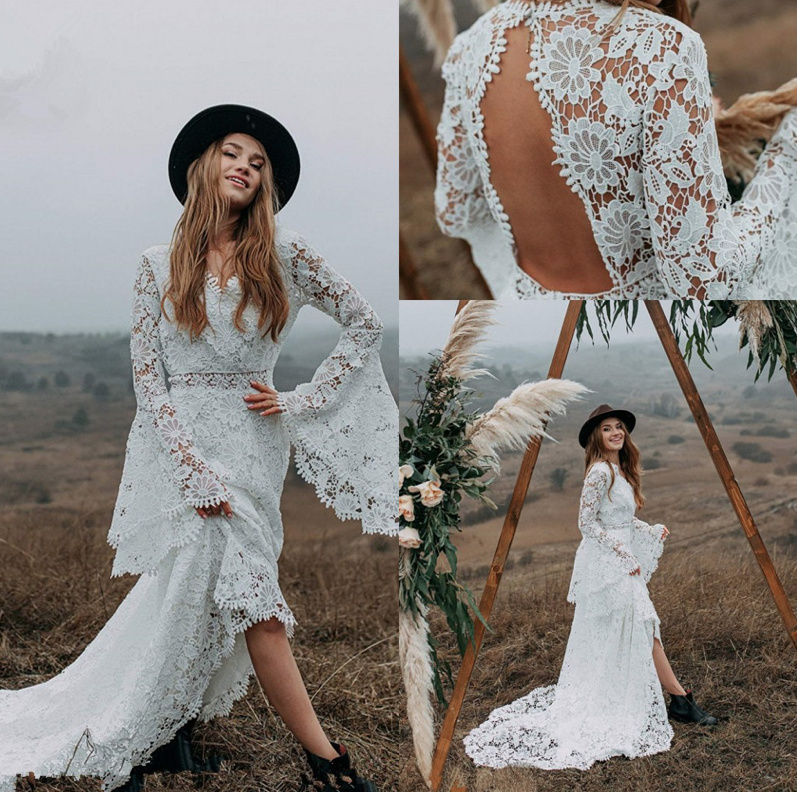 Vintage Boho Langarm Brautkleid Emelie aus Spitze und Rücken&nbsp;Ausschnitt