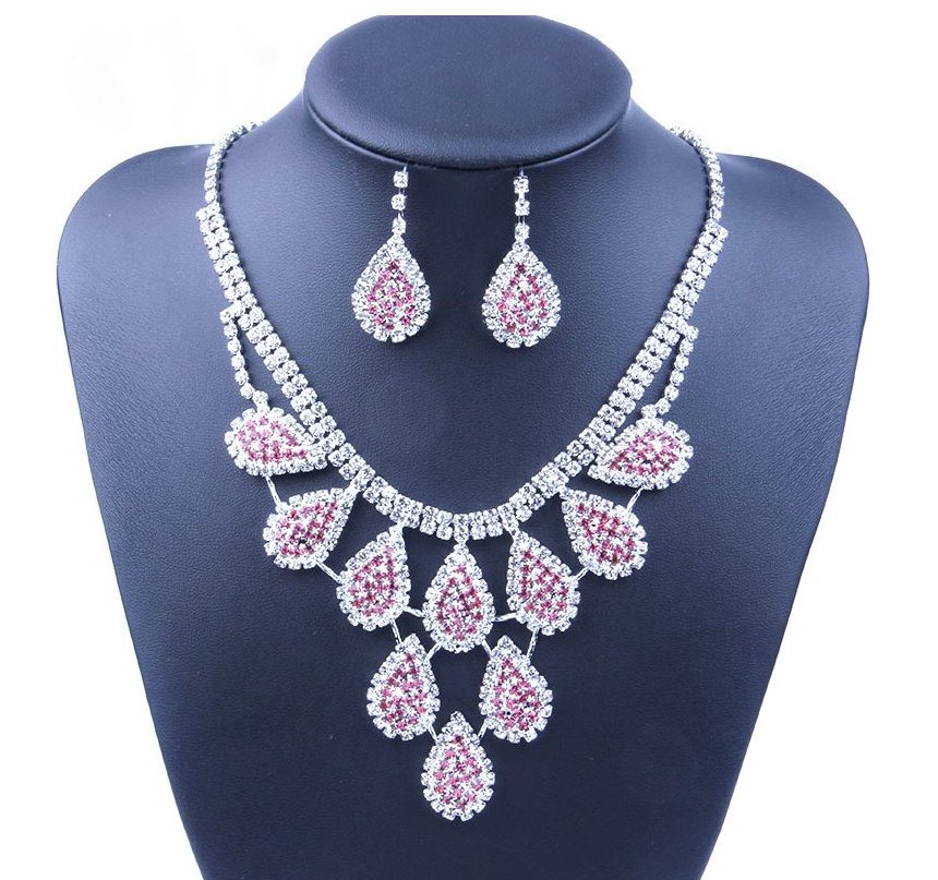 Kubikzircon Strass Brautschmuck Set Esther Halskette Und Ohrringe Silber&nbsp;Pink