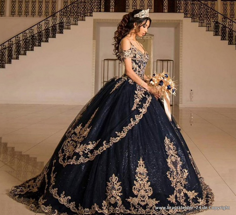 Quinceanera Kleid Brautkleid in Navy Blau mit Stickereien in&nbsp;Gold