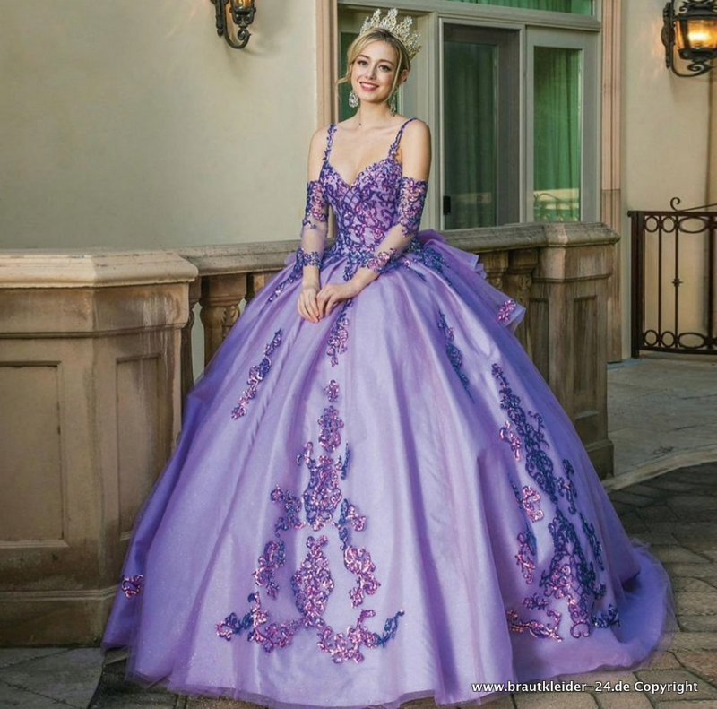Lila Spaghettiträger Brautkleid Quinceanera Hochzeitskleid mit&nbsp;Stickereien
