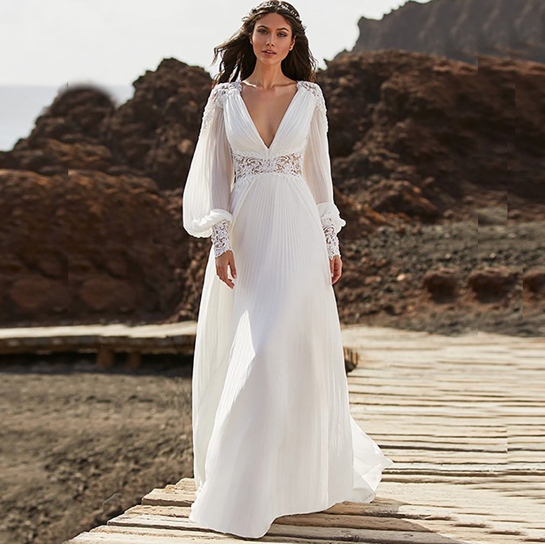 Langarm A-Linie Plissee Brautkleid Franka mit&nbsp;Spitze