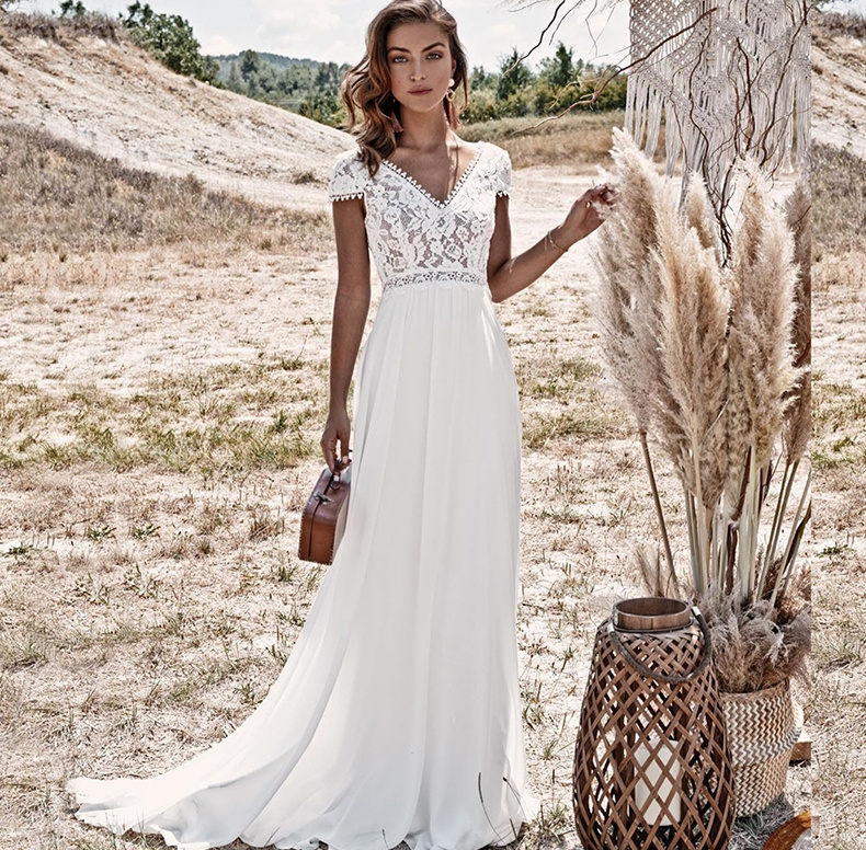 A Linie Boho Style Kurzarm Brautkleid Friderike mit Sexy Rücken&nbsp;Ausschnitt