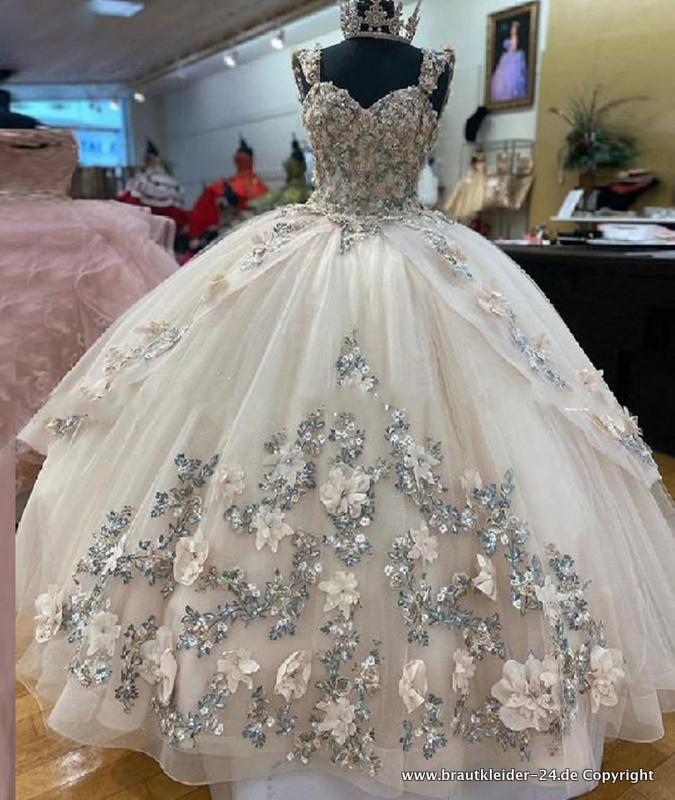Elfenbein Brautkleid Quinceanera Kleid mit Strass und Blumen&nbsp;Applikationen