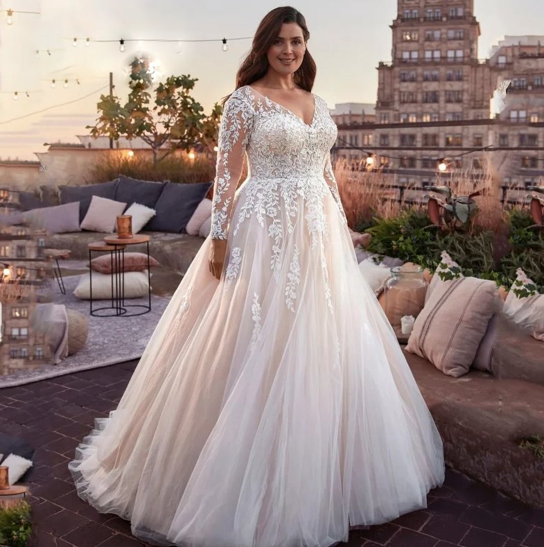 A Linie Langarm Plus Size Brautkleid Amadea mit Tüll und Tatttoo&nbsp;Spitze