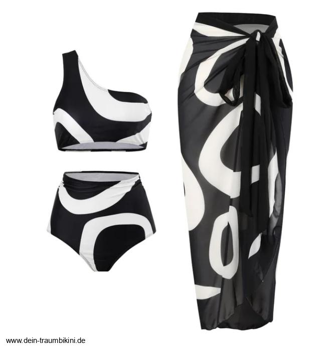 Retro Style One Shoulder Bikini in Schwarz Weiß mit Rock im&nbsp;Set