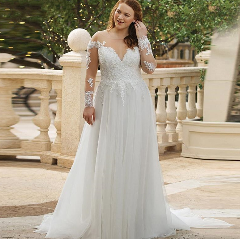 Empire Langarm Brautkleid Allegra Schulterfrei mit Blumen&nbsp;Bodenlang