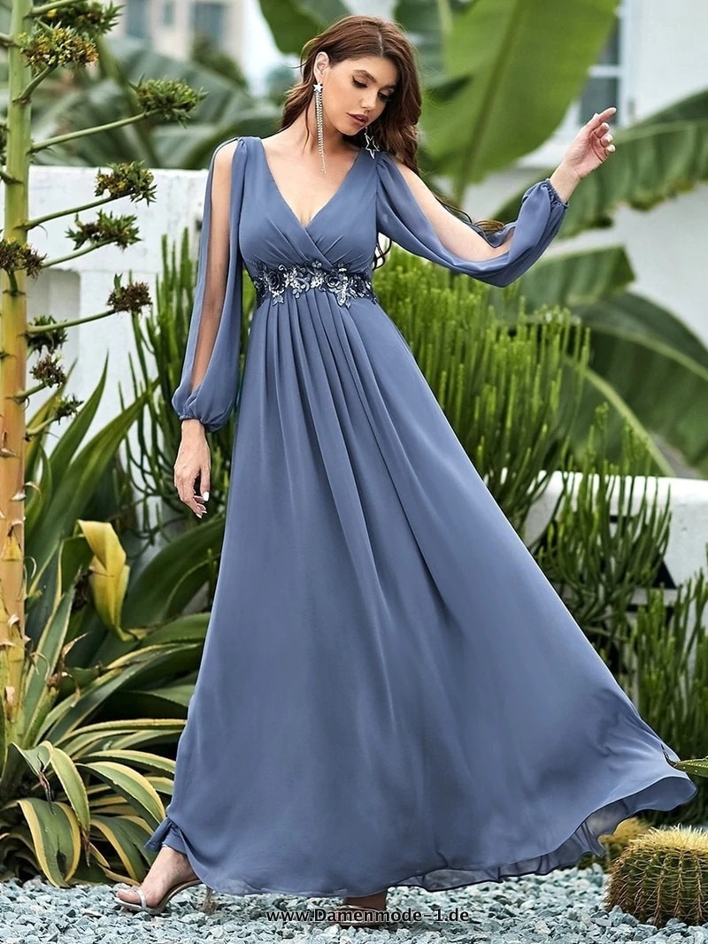 Elegantes A Linie Abendkleid aus Chiffon mit&nbsp;V-Ausschnitt