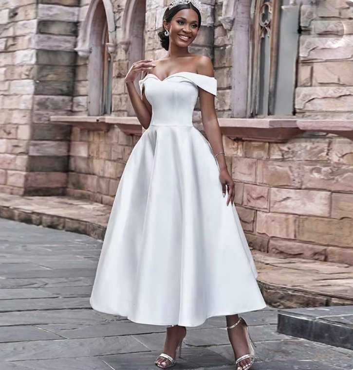 Schulterfreies Vintage Style Standesamtkleid Alisha Knöchellang&nbsp;Weiß