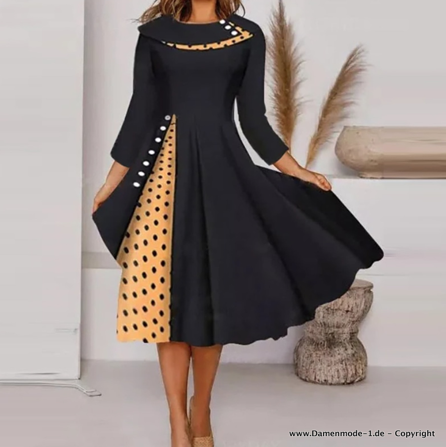 Vintage Print A Linie Kleid Wadenlang in Schwarz&nbsp;Gold