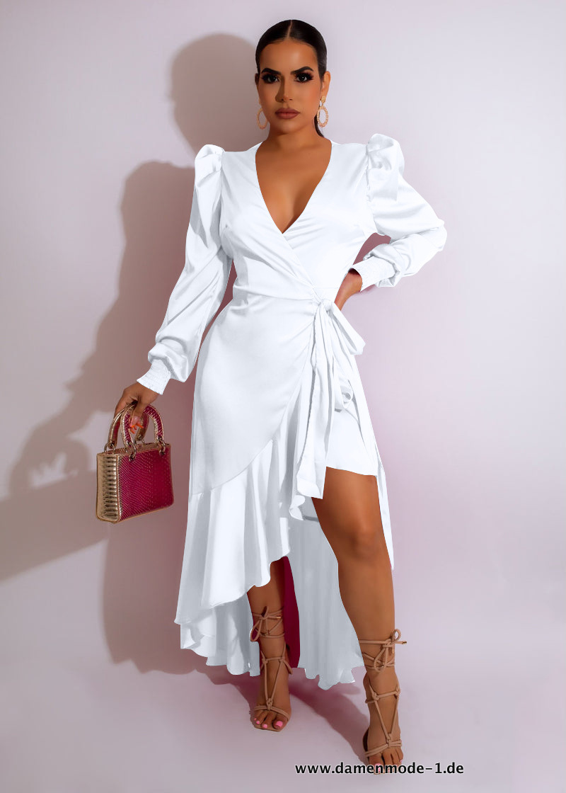 V-Ausschnitt Asymmetrisches Langarm Kleid in&nbsp;Weiß