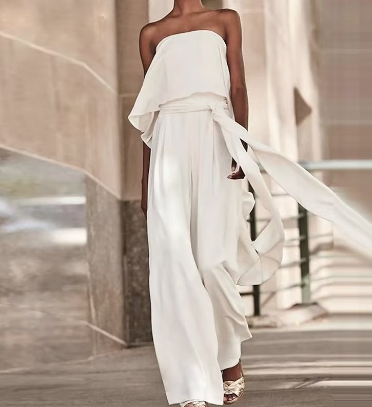 Schulterfreies Ärmelloses Braut Einteiler Overall in&nbsp;Weiß