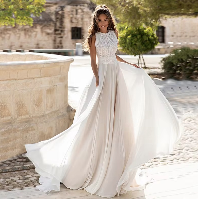 Ärmelloses Chiffon Brautkleid mit Spitze und Rückenausschnitt