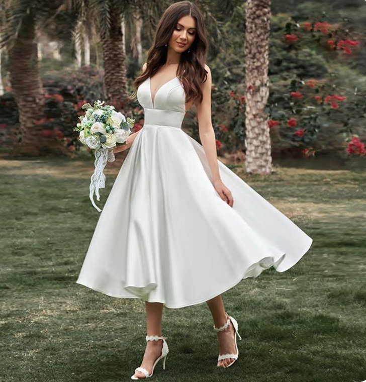 Spaghettiträger A Linie Standesamtkleid Baila Weiß&nbsp;Wadenlang