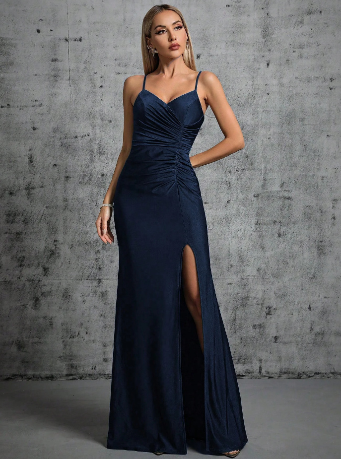 Fit and Flare Kleid Elegant für Hochzeitsgäste in Dunkelblau mit&nbsp;Schlitz