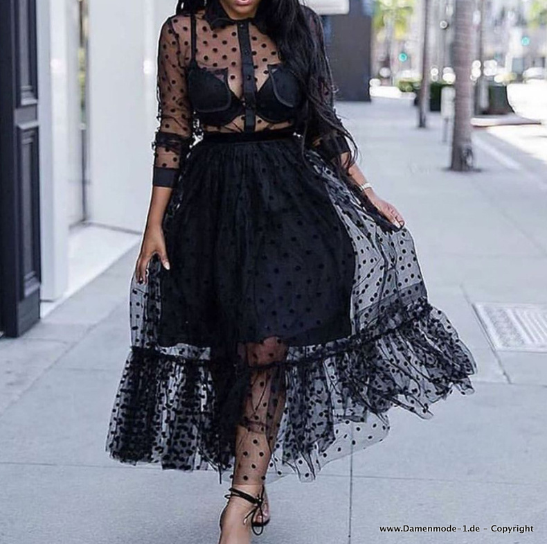 Maxi Sommer Kleid Elegant mit Tüll in Schwarz&nbsp;Wadenlang