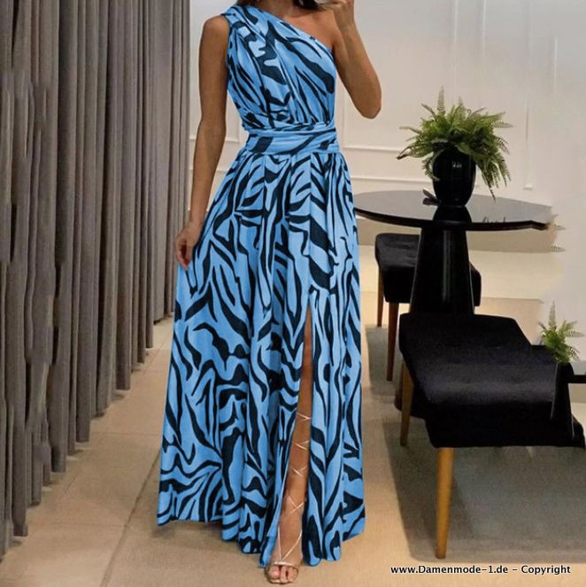 One Shoulder Maxi Kleid Lang Elegant in Blau&nbsp;Schwarz