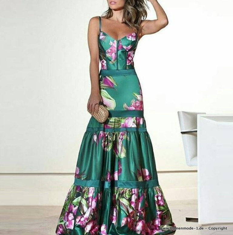 Meerjungfrau Satin Sommerkleid mit Spaghettiträger und Blumenmuster&nbsp;Lang