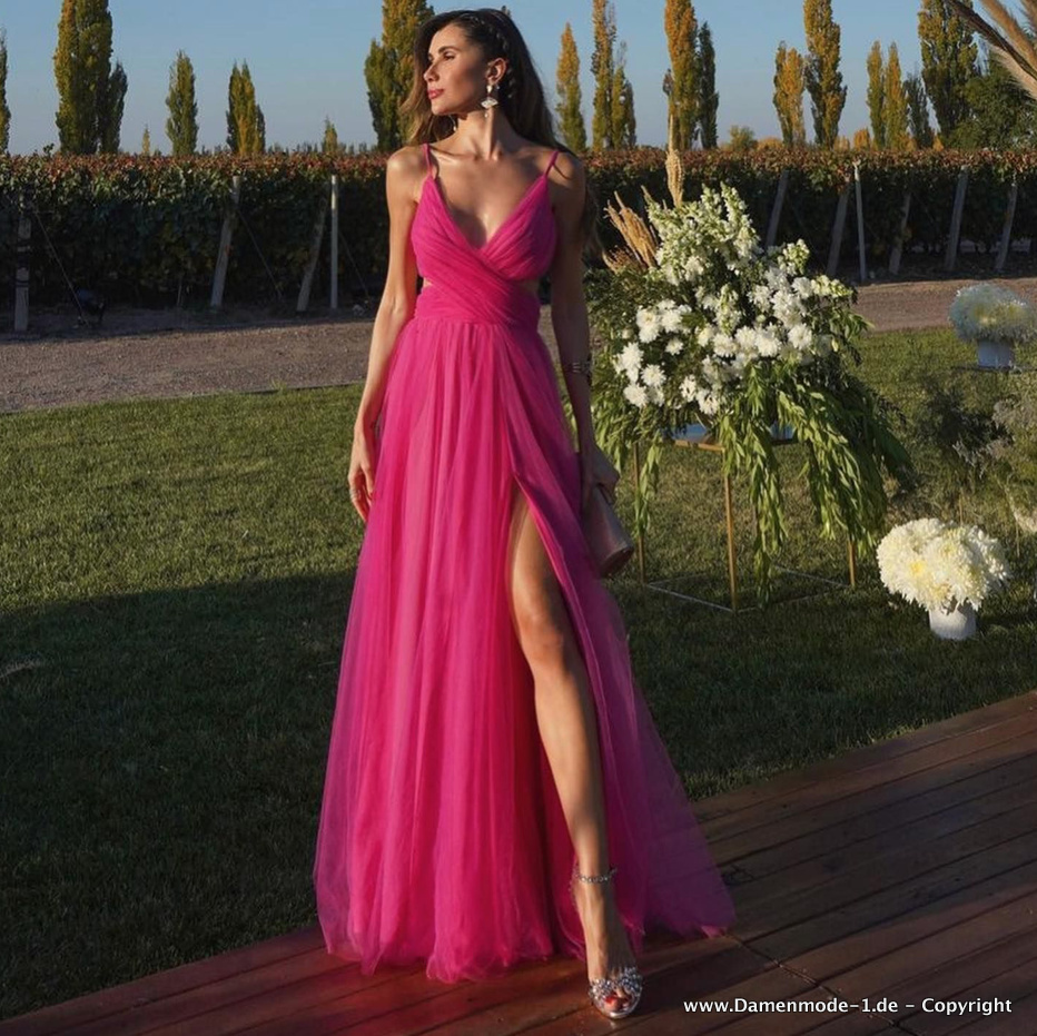Empire Maxi Chiffon Kleid Elegant in Pink mit&nbsp;Spaghettiträger