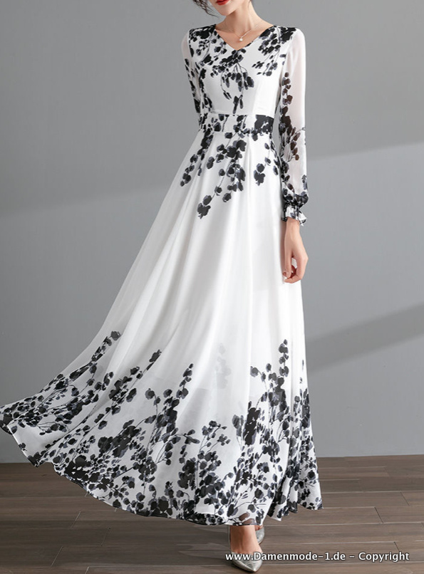 Langarm Maxi Chiffon Kleid Elegant in Weiß mit&nbsp;Blumen