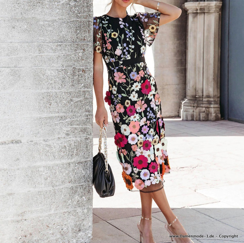 Bleistift Kurarm Sommerkleid Elegant in Schwarz mit Blumenmuster&nbsp;Wadenlang