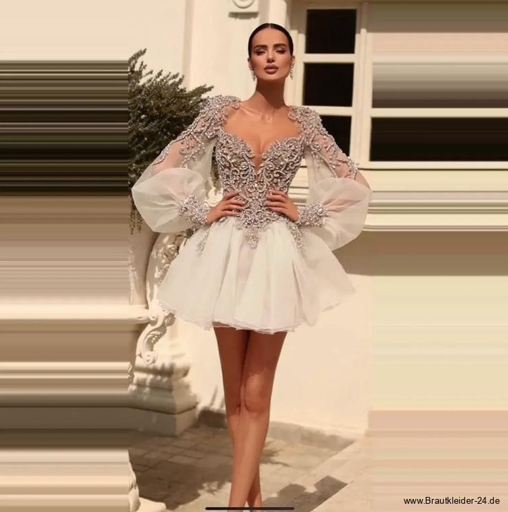 Sexy Mini Langarm Brautkleid Lilli mit Tüll und&nbsp;Strass