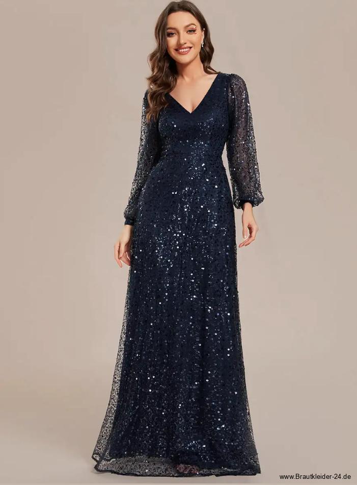 A Linie Langarm Glitzer Brautmutterkleid Larina Lang mit V Ausschnitt in&nbsp;Dunkelblau