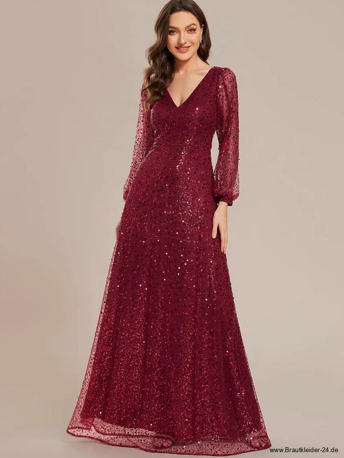 A Linie Langarm Glitzer Brautmutterkleid Larina Lang mit V Ausschnitt in&nbsp;Rot
