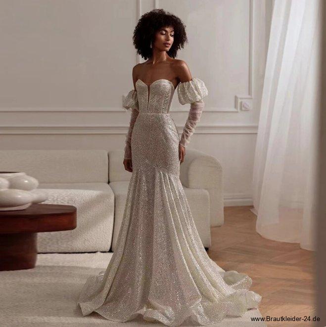 Schulterfreies Fit and Flare Glitzer Brautkleid Läticia mit&nbsp;Pinselschleppe