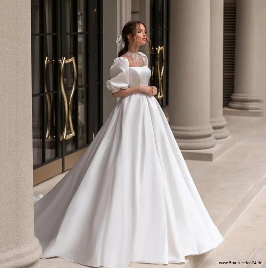 Cinderella Satin Brautkleid mit Puff Ärmel Stickereien und&nbsp;Schleppe