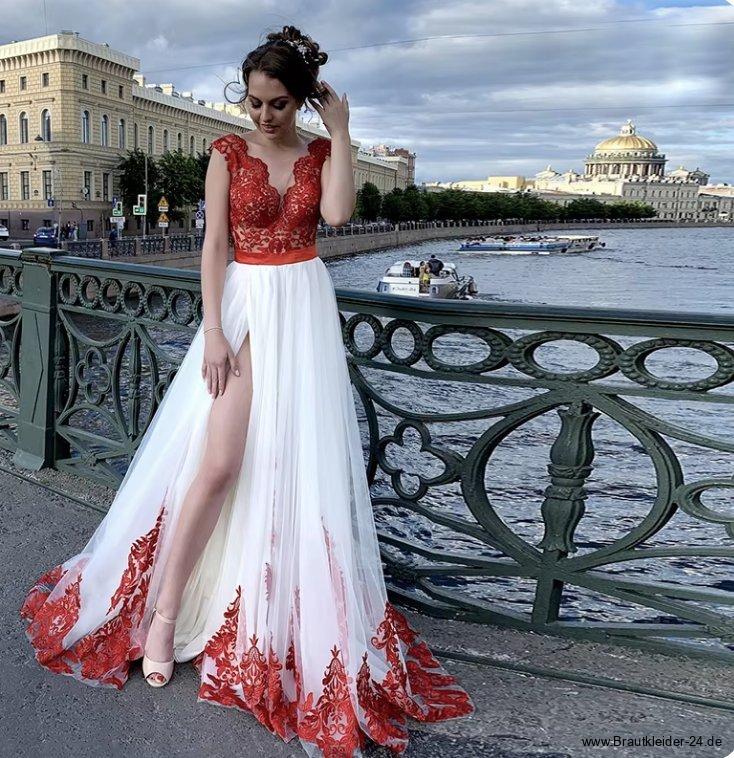 A Linie Brautkleid Clairein Weiß Rot mit Spitze und Schlitz&nbsp;Bodenlang