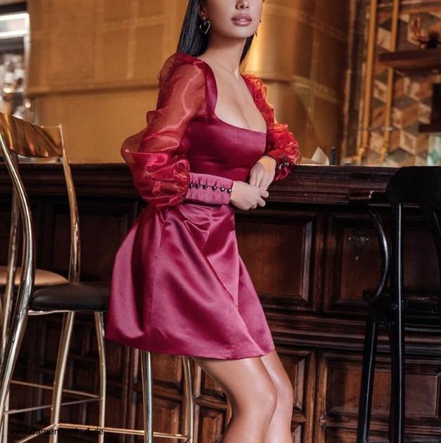 A Linie Mini Kleid Anneke Elegant in Weinrot mit Tüll&nbsp;Ärmel