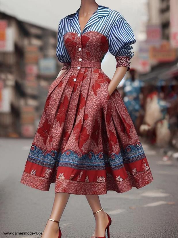 Elegantes Patchwork Kleid Wadenlang mit Turndown&nbsp;Kragen