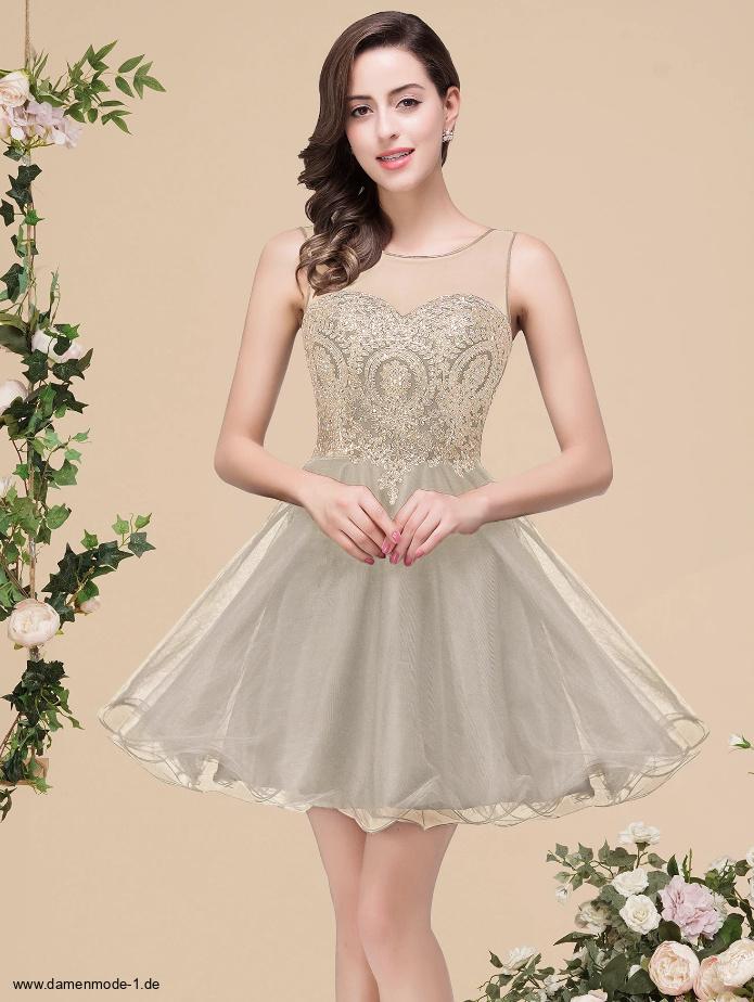 A Linie Tüll Cocktailkleid Anica Kurz in Champagne mit&nbsp;Applikationen