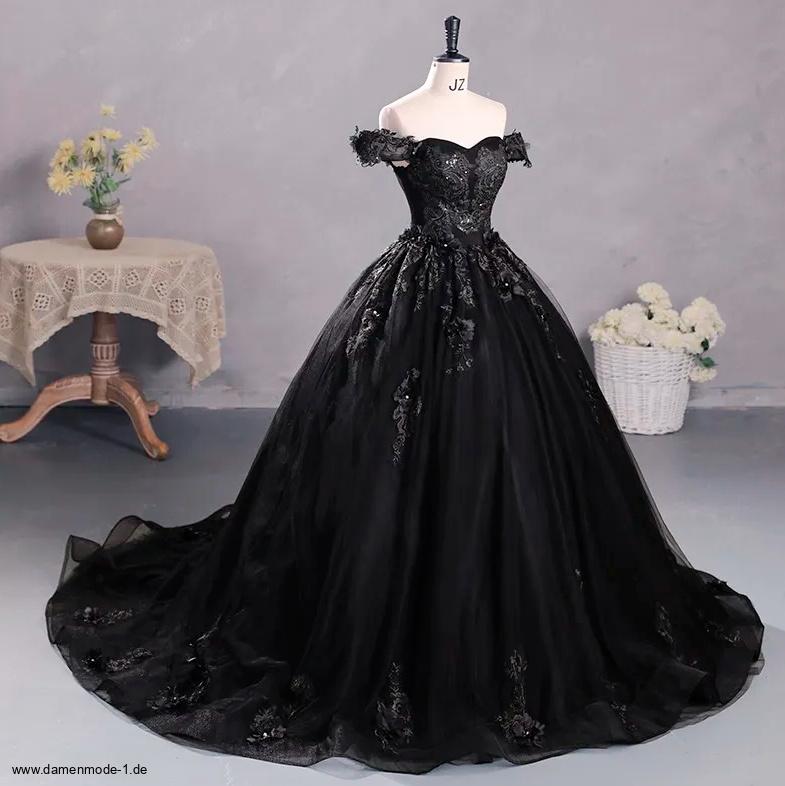 Schulterfreies Ballkleid Annette in Schwarz mit&nbsp;Applikationen