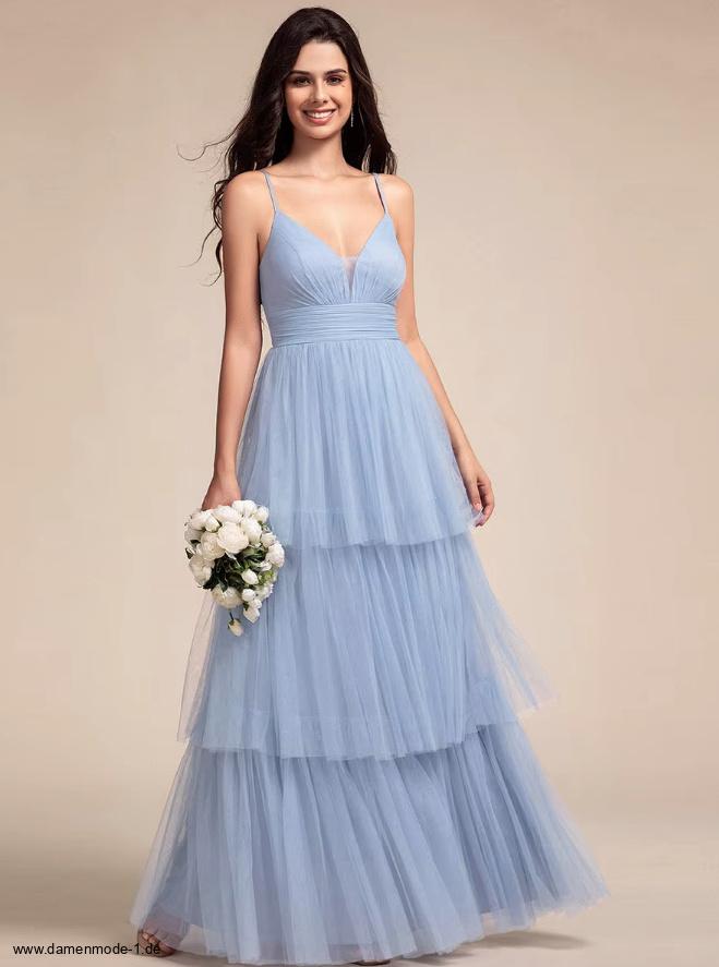 Spaghettiträger A Linie Tüll Maxi Kleid Elegant Lang in Hellblau